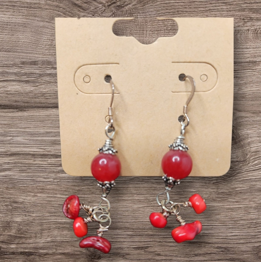Hand Crafted Carnelian & Coral Beaded Dangle Earrings